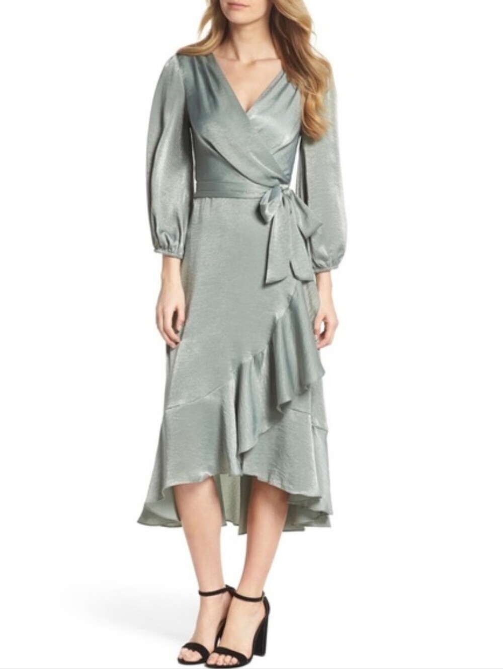 Gal Meets Glam Jennifer Shimmer Sage Satin Wrap Midi Dress - Size 10